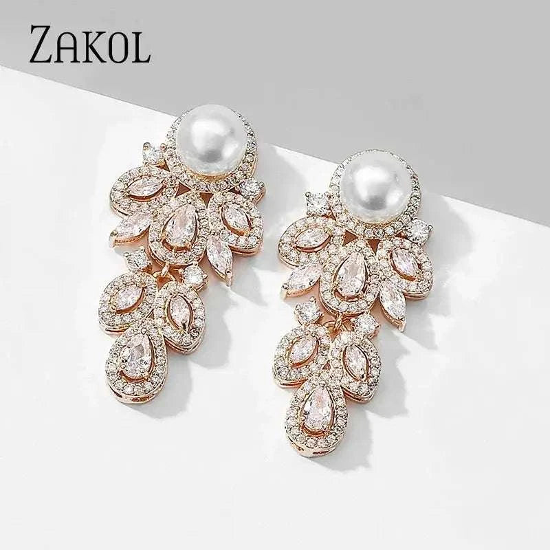 ZAKOL New Fashion white simulated pearl and cubic zirconia crystal leaf drop earrings with rose gold tone metal