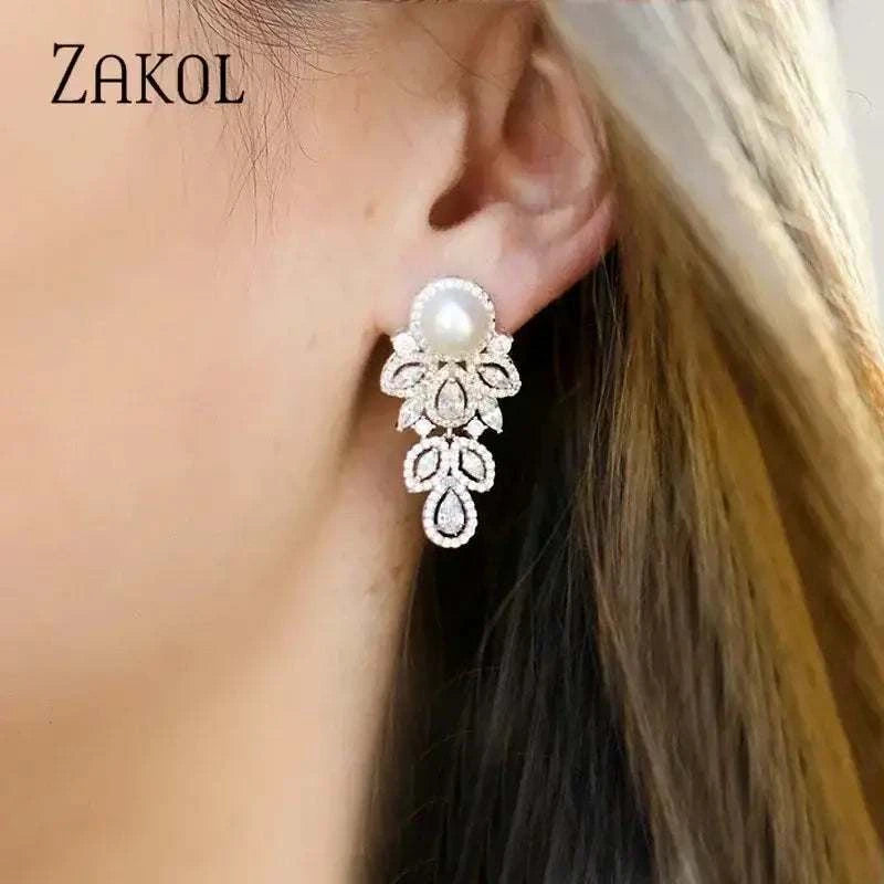ZAKOL New Fashion white simulated-pearl and cubic zirconia crystal drop earrings with leaf pattern in silver-tone metal