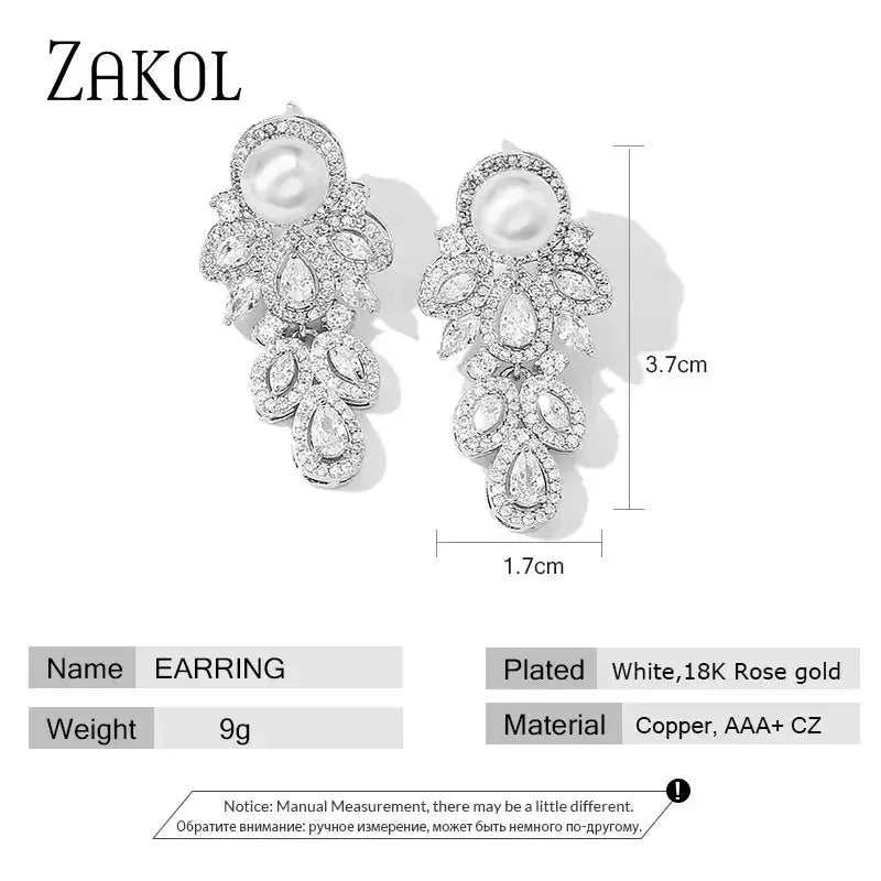 ZAKOL New Fashion drop earrings with white simulated pearl and AAA+ cubic zirconia in leaf pattern, copper base plated with white and 18K rose gold