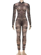 Zebra Print long sleeve bodycon jumpsuit with black and beige zebra stripes, front zipper closure, fitted silhouette