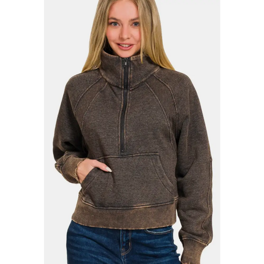 Zenana acid washed half zip fleece sweatshirt for luxury fashion $50.99 an acid-washed half-zip fleece pullover