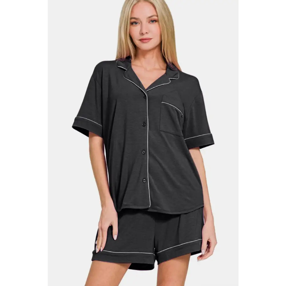 Elevate your wardrobe with zenana’s luxury fashion for women set $34.99 the button down short sleeve top and shorts