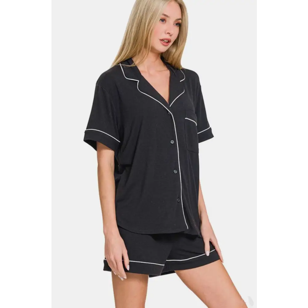 Elevate your wardrobe with zenana’s luxury fashion for women set $34.99 the button down short sleeve top and shorts