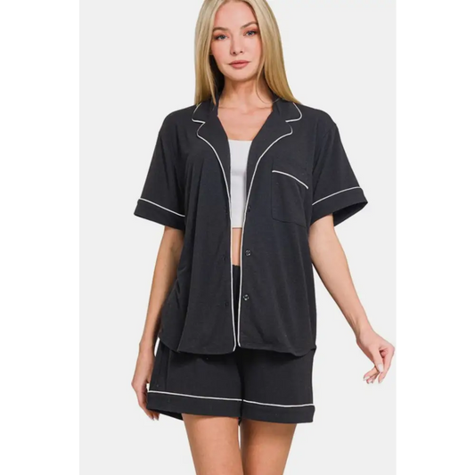 Elevate your wardrobe with zenana’s luxury fashion for women set $34.99 the button down short sleeve top and shorts