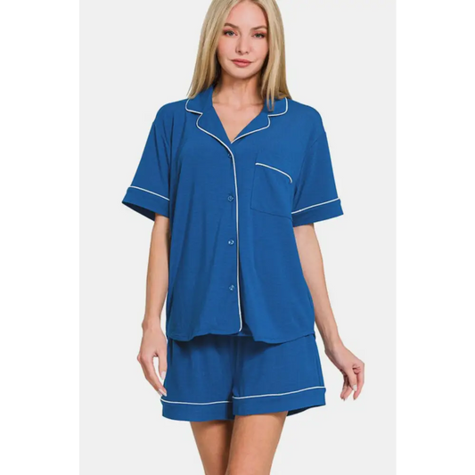 Luxurious button down lounge set for timeless designer clothing $39.24 the button down short sleeve top and shorts