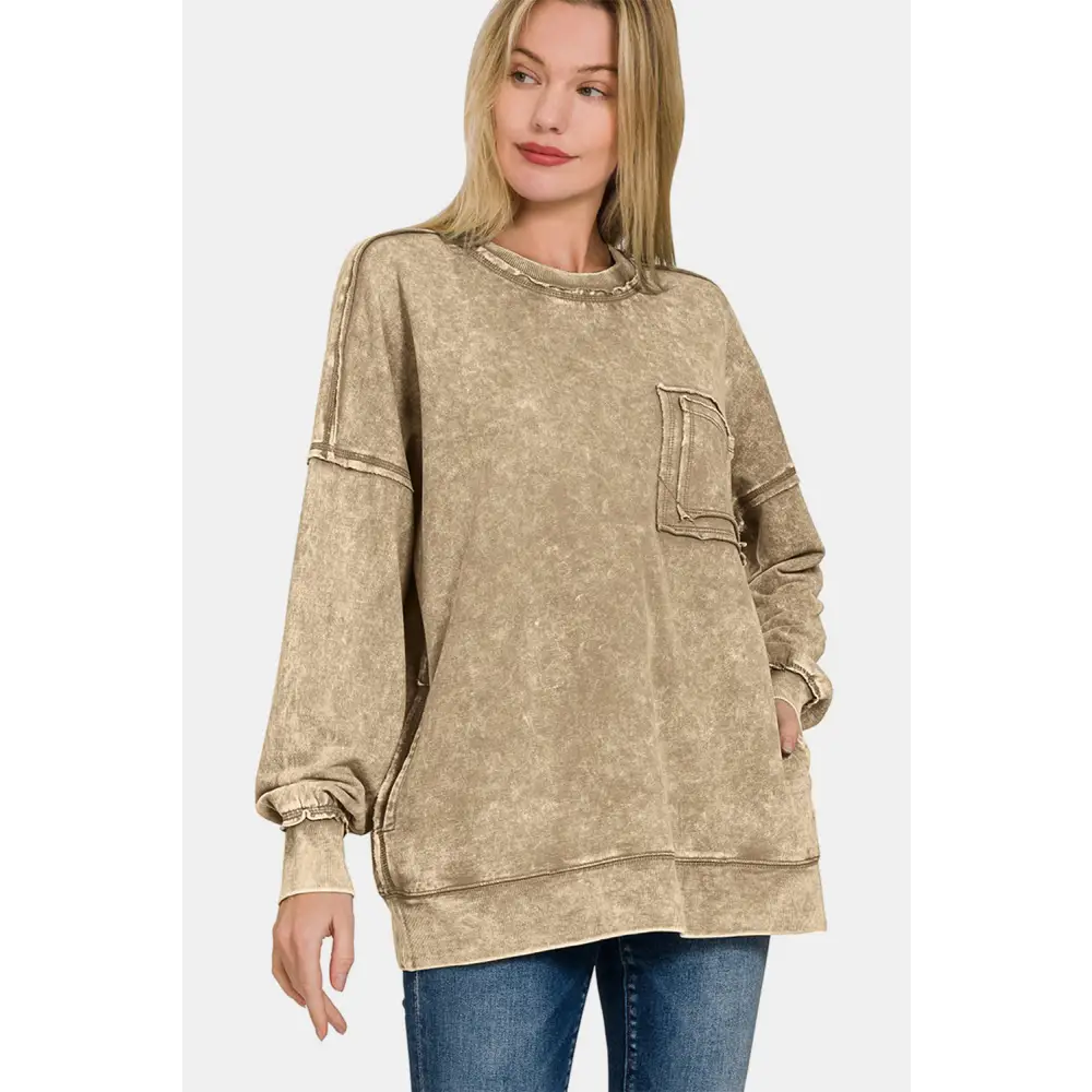 Chic zenana exposed seam sweatshirt in luxury fashion for women $43.99 the exposed seam round neck dropped shoulder