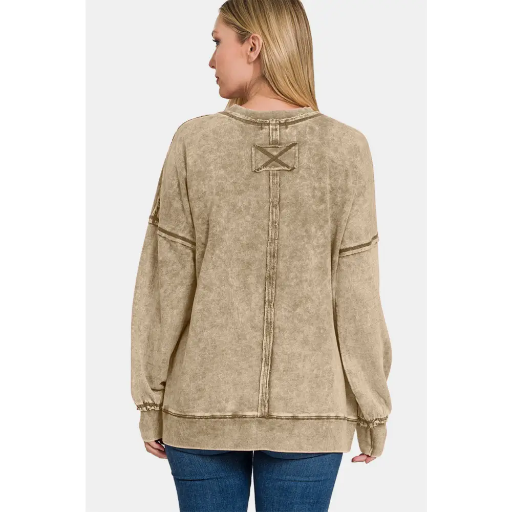 Chic zenana exposed seam sweatshirt in luxury fashion for women $43.99 the exposed seam round neck dropped shoulder