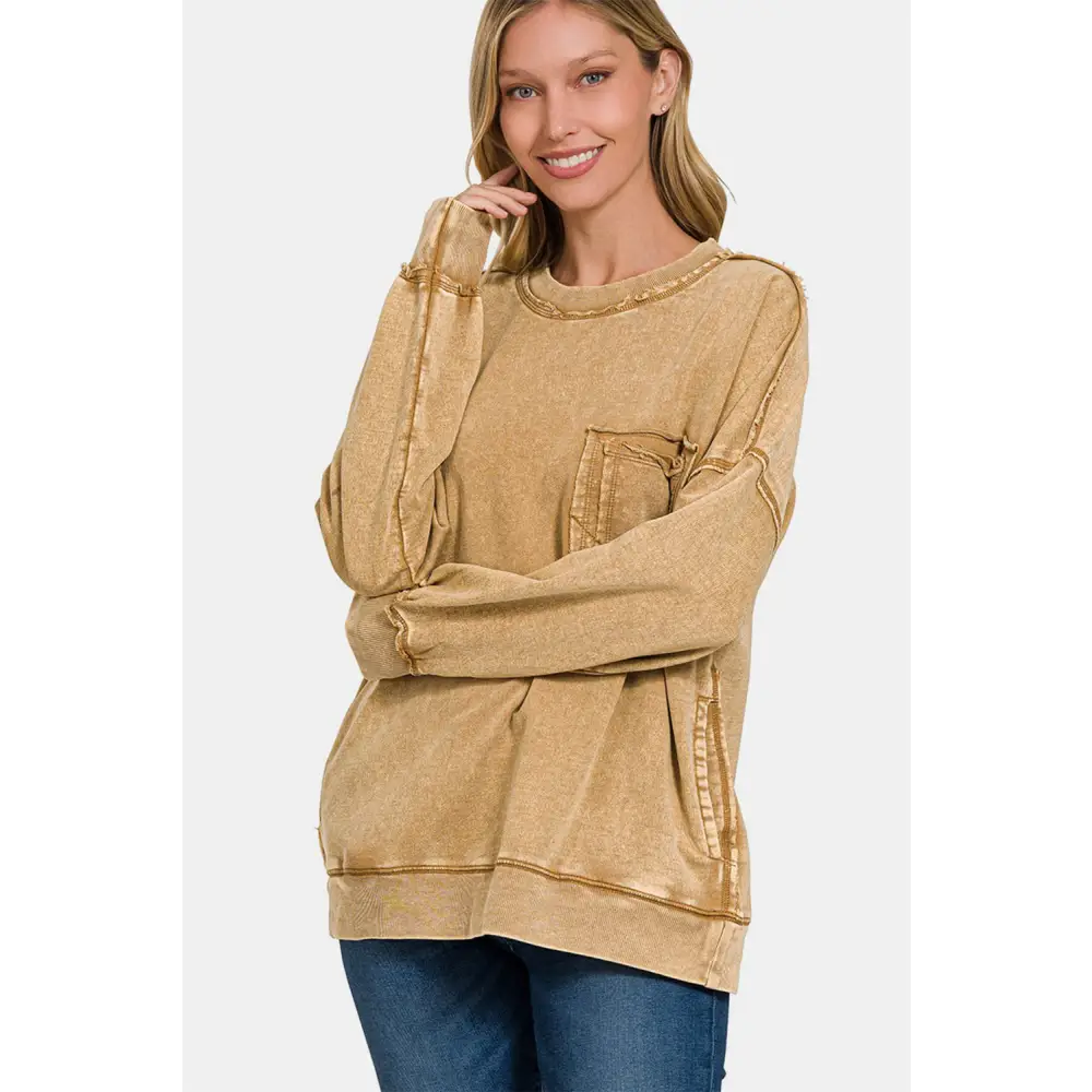 Elevate your wardrobe with zenana luxury fashion for women sweatshirt $43.99 the exposed seam round neck dropped