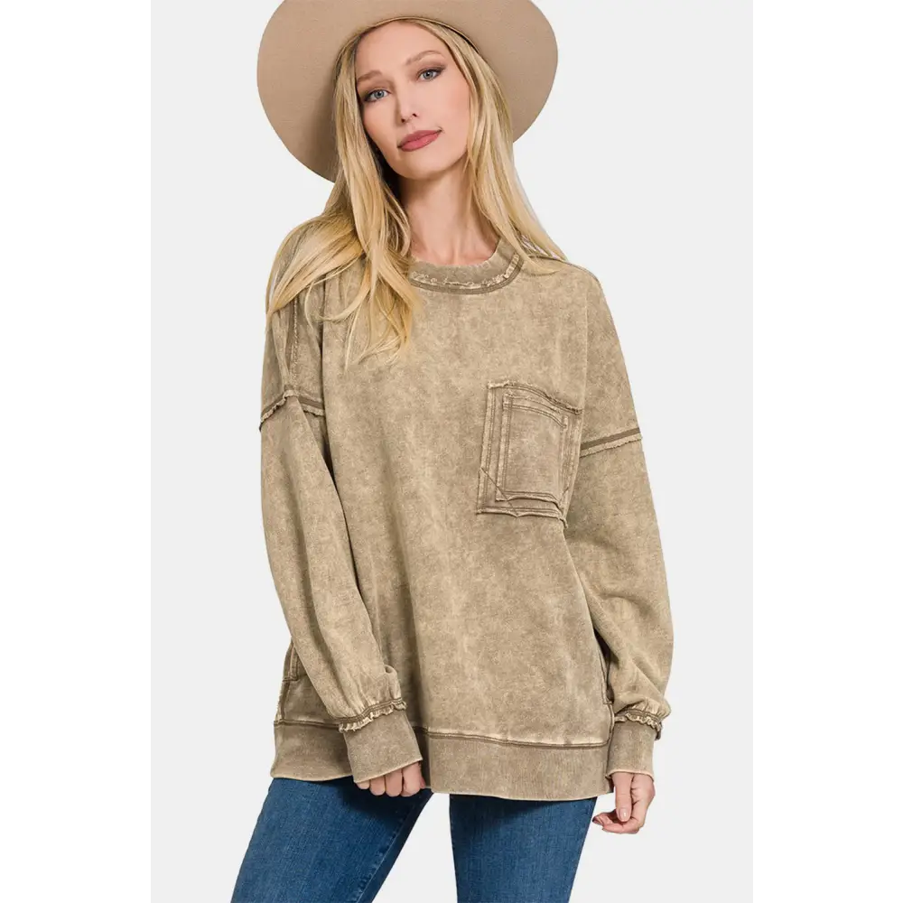 Chic zenana exposed seam sweatshirt in luxury fashion for women $43.99 the exposed seam round neck dropped shoulder