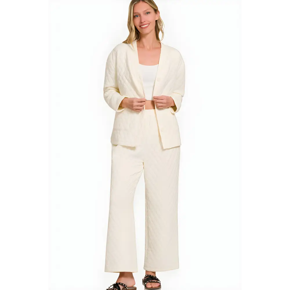 Indulge in luxury fashion for women with the quilted lounge set $45 the quilted button up long sleeve top and pants