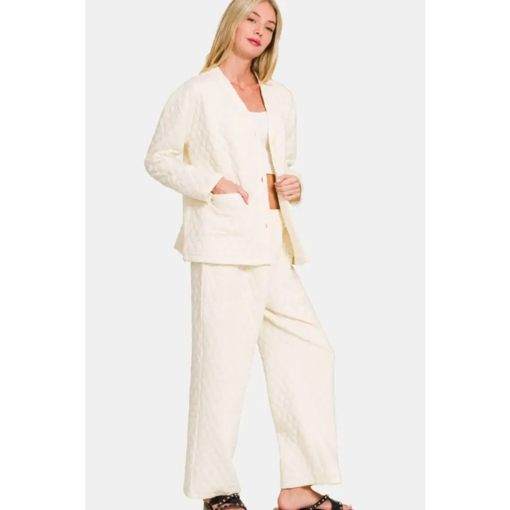 Indulge in luxury fashion for women with the quilted lounge set $45 the quilted button up long sleeve top and pants