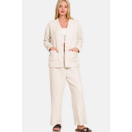 Indulge in luxury fashion for women with the quilted lounge set $45 the quilted button up long sleeve top and pants