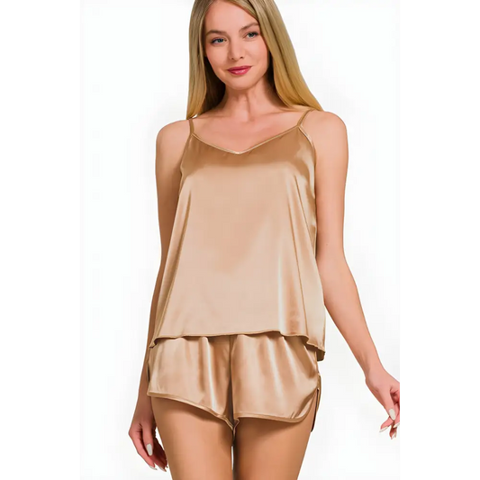 Indulge in luxury fashion for women with the satin cami lounge set $22.02 the v-neck satin cami and elastic waist